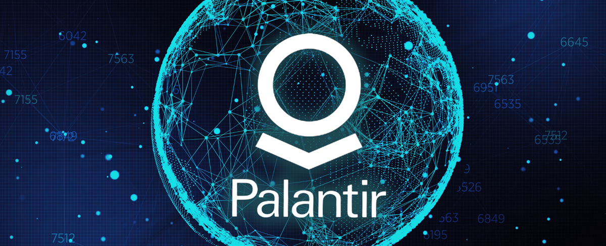 The Palantir logo and wordmark superimposed on a futuristic looking globe