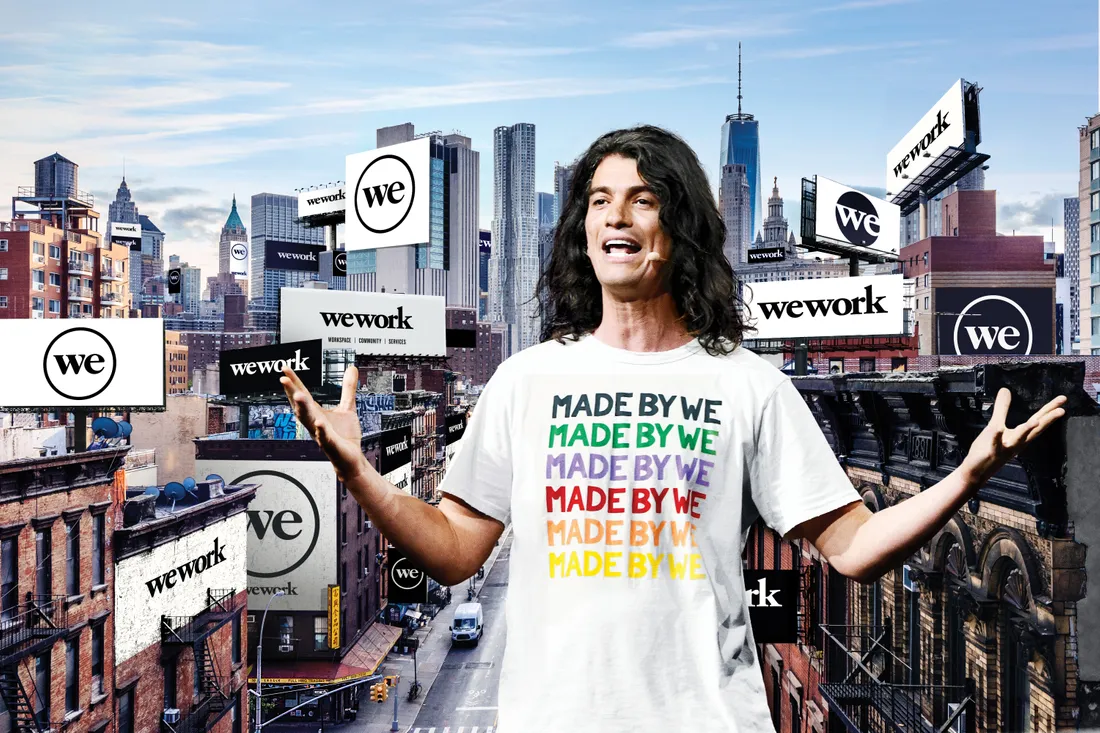 Photo of Adam Neumann, CEO and founder of WeWork, wearing a white t-shirt that repeatedly says "MADE BY WE" in different colours, superimposed on a fake picture of NYC covered in WeWork billboard ads.