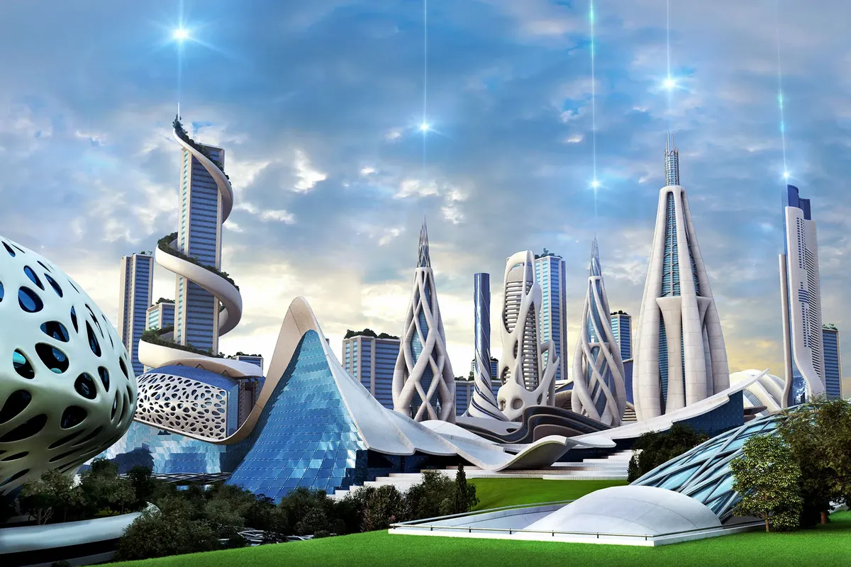 A conceptual image of a future utopian society showing a number of futuristic looking buildings against a blue sky.