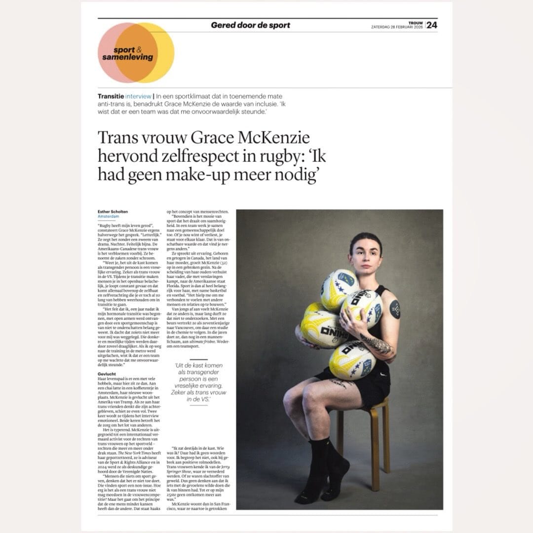 First page of the Trouw interview with Grace, including a seated rugby portrait.