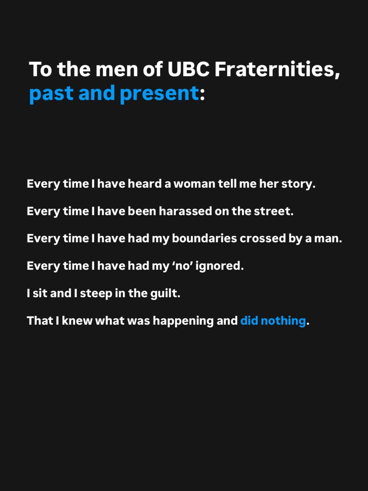 Opening slide of the letter to the men of UBC fraternities; its words appear in the post above.