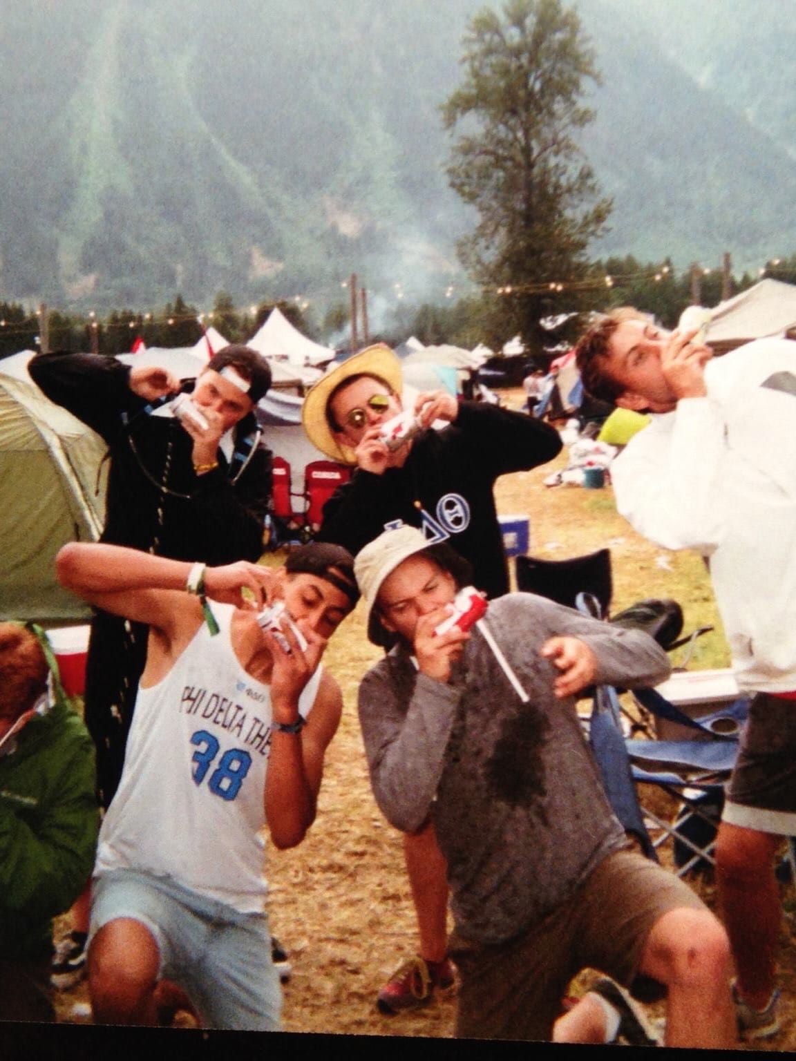 An archival photograph of friends at an outdoor gathering.