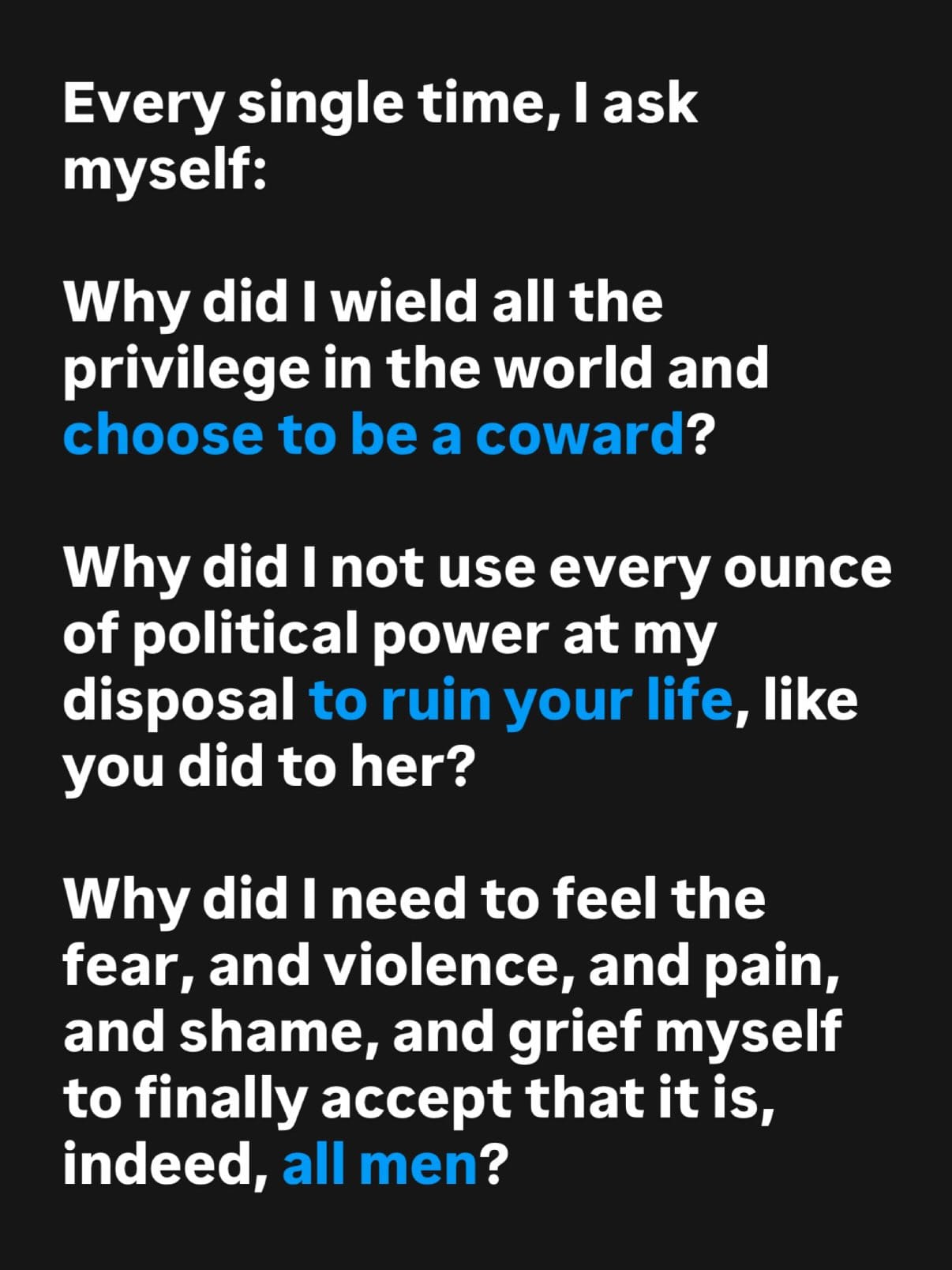 Text slide asking why privilege and political power were not used to intervene; full wording appears above.