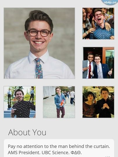 An archival profile screenshot with photographs from student life.