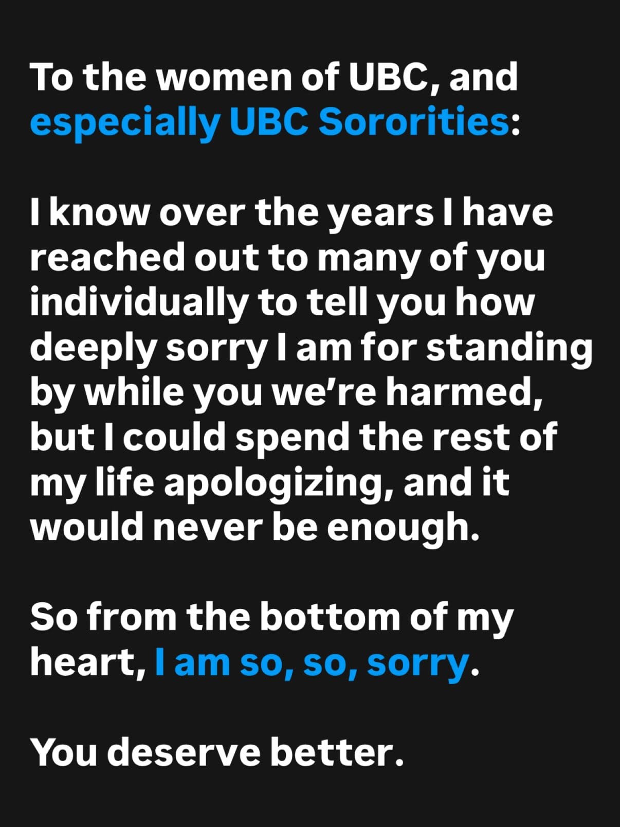 Text slide apologizing to the women of UBC and UBC sororities; full wording appears above.