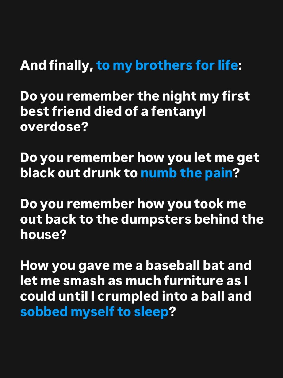 Text slide recalling friends’ support after a bereavement; full wording appears above.