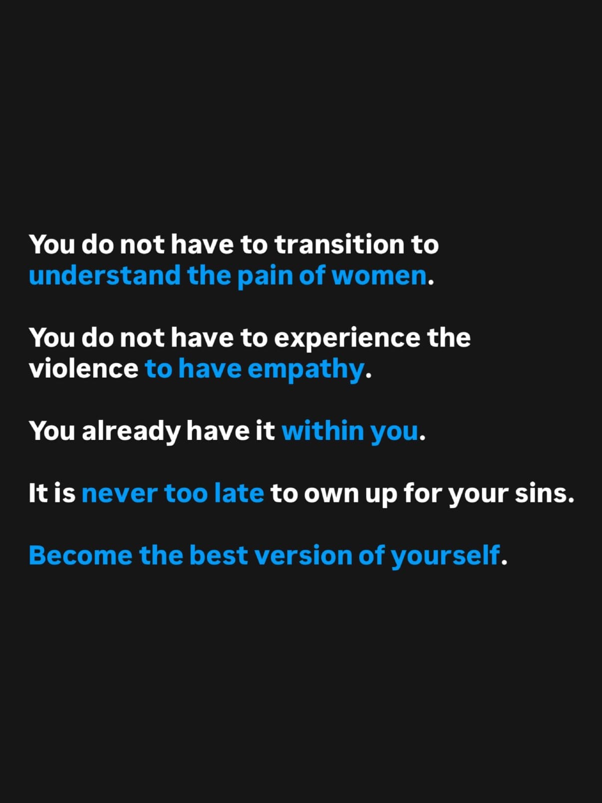 Text slide calling for empathy and accountability; full wording appears above.