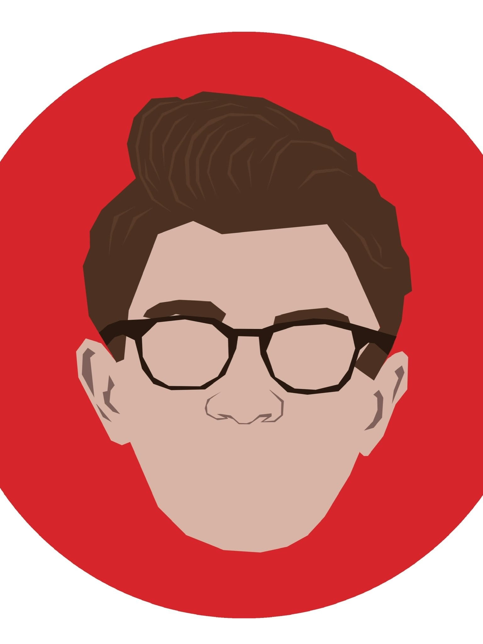 An illustrated portrait with glasses on a red circular background.